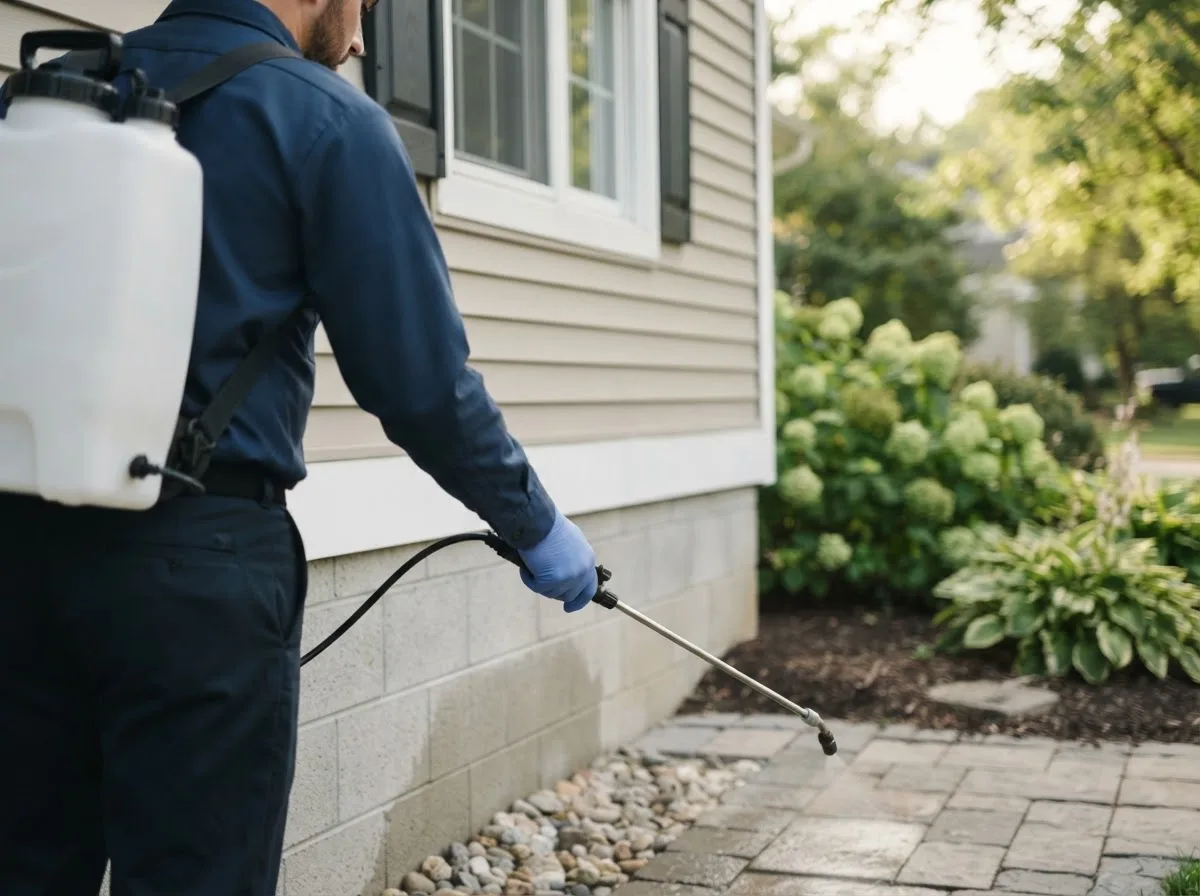 Pest control technician inspecting a home in Altenburg, MO